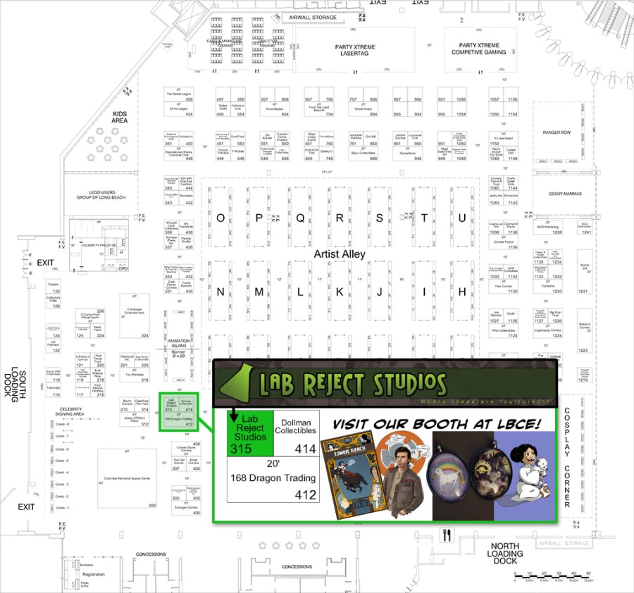 Long Beach Comic Expo floor map. Dawn's booth is number 315.